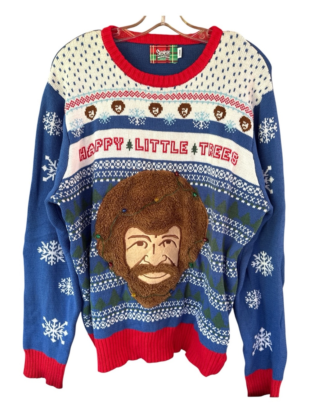 Spencer’s Workshop Bob Ross Christmas Sweater Lights Up NWOT